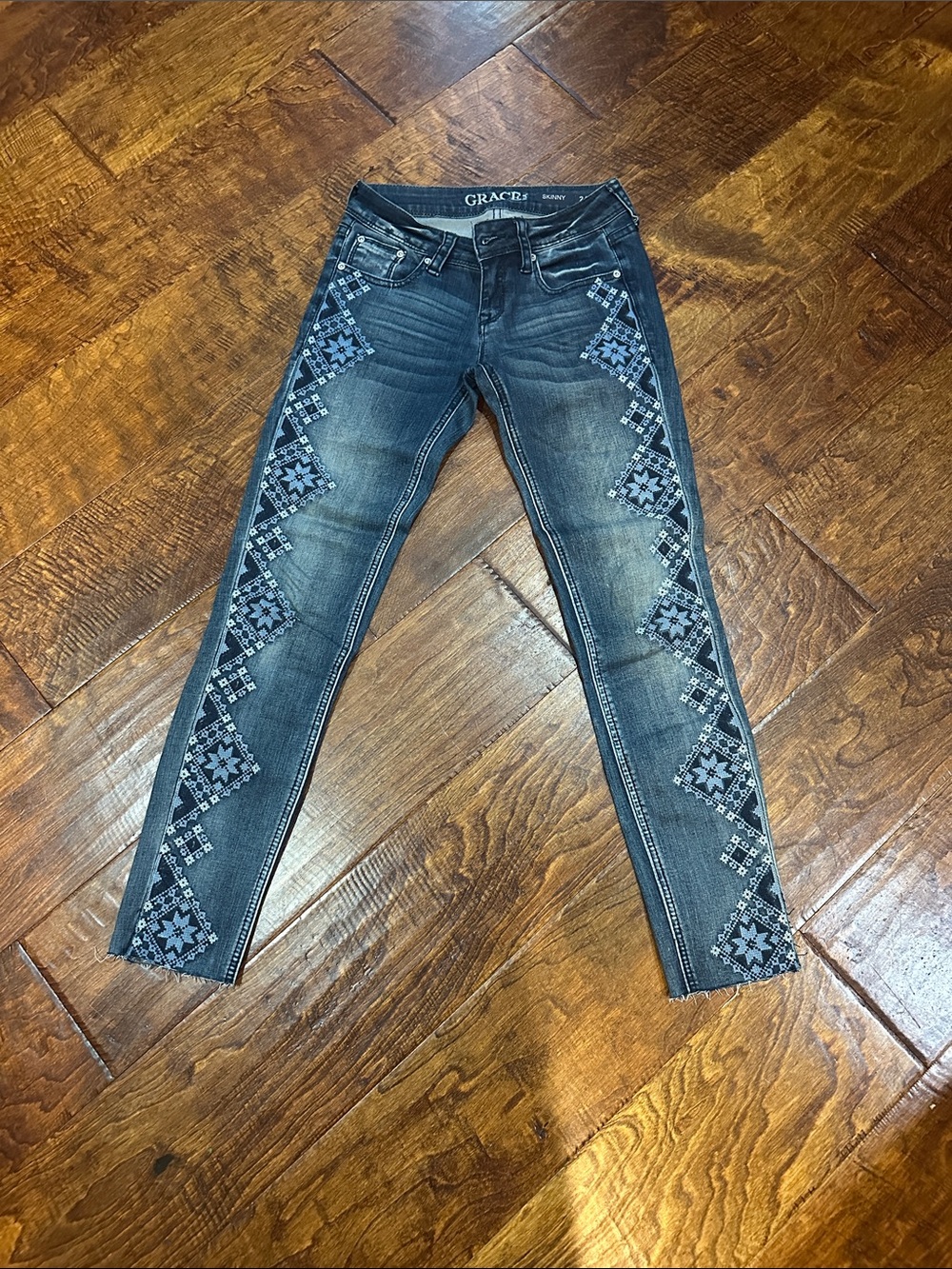 Grace in LA Indigo Embroidered Side-Panel Skinny Jeans